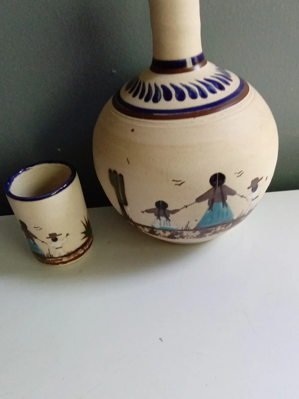 Vintage Tonala Mexican Pottery Carafe and Cup Set Hand Painted Folk Art Mexico